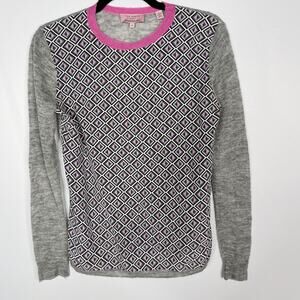 Ted Baker Womens 0 XXSmall Gray Amberly Geometric Printed Sweater Wool Silk Crew